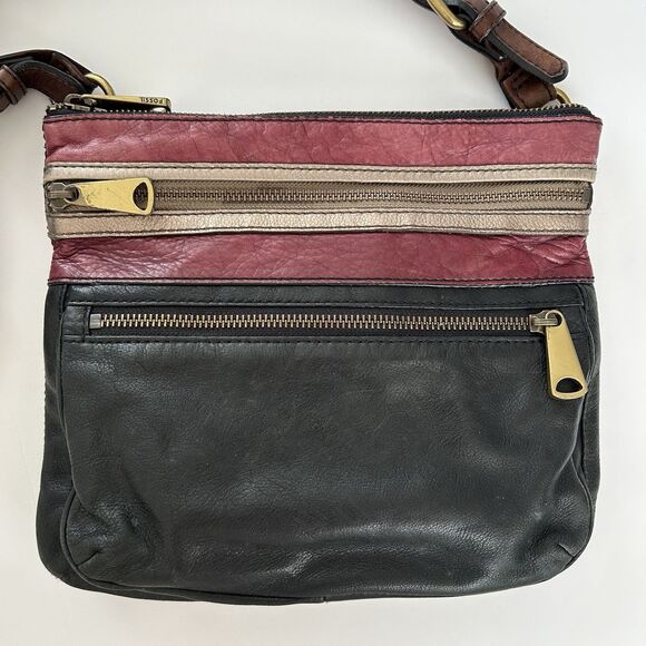 Fossil Explorer Crossbody Purse Bag Leather Black Red Metallic Adjustable Strap - Picture 1 of 16